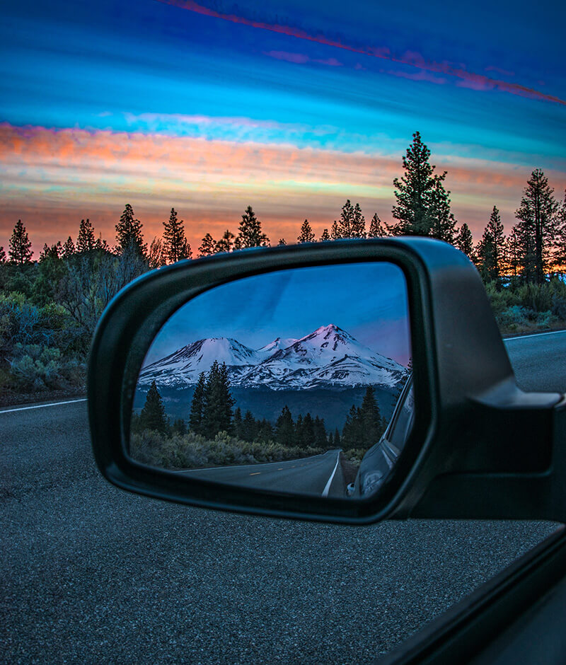 Car rearview mirror mountain view